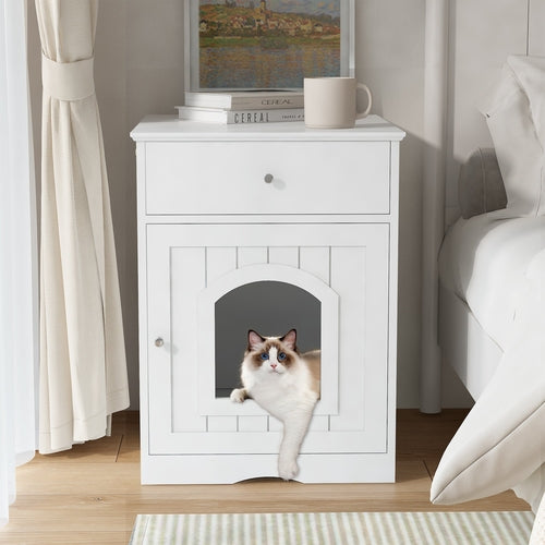 Wooden Cat Litter Box Enclosure with Storage Drawer