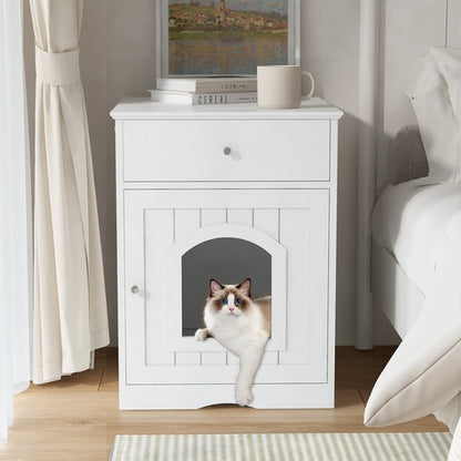 Wooden Cat Litter Box Enclosure with Storage Drawer
