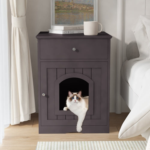 Wooden Cat Litter Box Enclosure with Storage Drawer