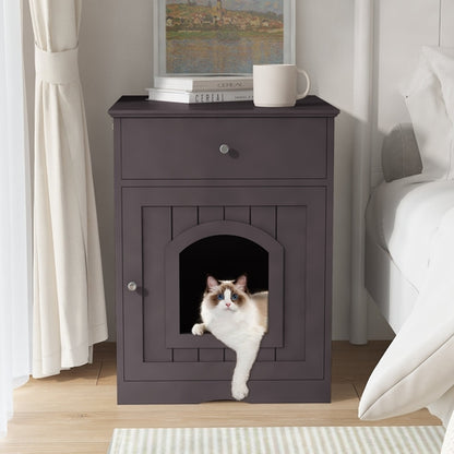 Wooden Cat Litter Box Enclosure with Storage Drawer