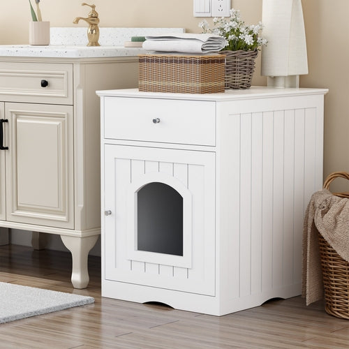 Wooden Cat Litter Box Enclosure with Storage Drawer