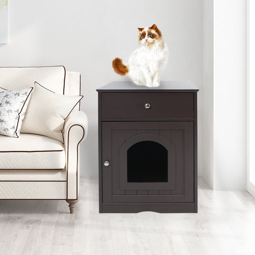 Wooden Cat Litter Box Enclosure with Storage Drawer